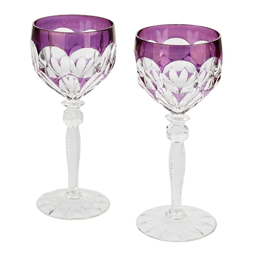 Vintage Hofbauer Kristall Lead Crystal Wine Goblets (2) Amethyst Cut to Clear